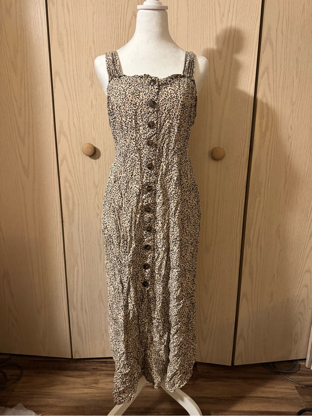 Beige and Black Button-Front Maxi Dress